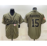 Men's Kansas City Chiefs #15 Patrick Mahomes 2022 Olive Salute to Service Cool Base Stitched Baseball Jersey