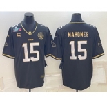 Men’s Kansas City Chiefs #15 Patrick Mahomes Black Gold Super Bowl LVII Patch And 4-star C Patch Vapor Untouchable Limited Stitched Jersey
