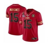 Men’s Kansas City Chiefs #15 Patrick Mahomes Red Gold Super Bowl LVII Patch And 4-star C Patch Vapor Untouchable Limited Stitched Jersey