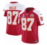 Men’s Kansas City Chiefs #87 Travis Kelce Red White 2024 F.U.S.E. Super Bowl LVIII Patch Vapor Untouchable Limited Football Stitched Jersey