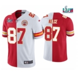 Men’s Kansas City Chiefs #87 Travis Kelce Red & White Split Super Bowl LVII Patch Limited Stitched Jersey