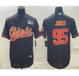 Men's Kansas City Chiefs #95 Chris Jones Black Pinstripe With Super Bowl LVII Patch Cool Base Stitched Baseball Jersey