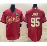 Men's Kansas City Chiefs #95 Chris Jones Red Pinstripe With Super Bowl LVII Patch Cool Base Stitched Baseball Jersey
