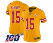 Women's Kansas City Chiefs #15 Patrick Mahomes II Limited Gold Inverted Legend 100th Season Football Jersey