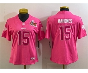 Women's Kansas City Chiefs #15 Patrick Mahomes Pink 2025 Super Bowl LIX Patch Vapor Untouchable Limited Stitched Football Jersey