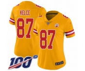 Women's Kansas City Chiefs #87 Travis Kelce Limited Gold Inverted Legend 100th Season Football Jersey