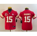 Youth Kansas City Chiefs #15 Patrick Mahomes Red 2025 Super Bowl LIX Patch Vapor Untouchable Limited Stitched Football Jersey