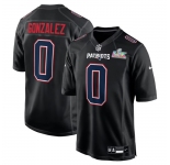 Men's New England Patriots #0 Christian Gonzalez Black 2025 Super Bowl LX Patch Carbon Fashion Stitched Game Jersey