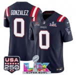 Men's New England Patriots #0 Christian Gonzalez Navy 2025 F.U.S.E. Super Bowl LX Patch And USA 250' Patch Vapor Limited Football Stitched Jersey