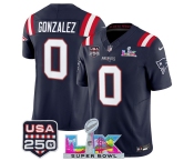 Men's New England Patriots #0 Christian Gonzalez Navy 2025 F.U.S.E. Super Bowl LX Patch And USA 250' Patch Vapor Limited Football Stitched Jersey