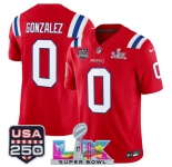 Men's New England Patriots #0 Christian Gonzalez Red 2025 F.U.S.E. Super Bowl LX Patch And USA 250' Patch Vapor Limited Football Stitched Jersey
