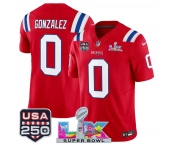 Men's New England Patriots #0 Christian Gonzalez Red 2025 F.U.S.E. Super Bowl LX Patch And USA 250' Patch Vapor Limited Football Stitched Jersey