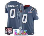 Men's New England Patriots #0 Christian Gonzalez Storm Blue 2025 F.U.S.E. Super Bowl LX & USA 250' Patch “Rivalries” Vapor Limited Football Stitched Jersey
