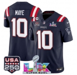 Men's New England Patriots #10 Drake Maye Navy 2025 F.U.S.E. 1-Star C Patch And Super Bowl LX Patch & USA 250' Patch Vapor Limited Football Stitched Jersey