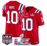 Men's New England Patriots #10 Drake Maye Red 2025 F.U.S.E. 1-Star C Patch And Super Bowl LX Patch & USA 250' Patch Vapor Limited Football Stitched Jersey