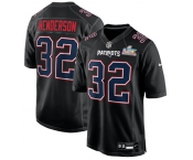 Men's New England Patriots #32 TreVeyon Henderson Black 2025 Super Bowl LX Patch Carbon Fashion Stitched Game Jersey