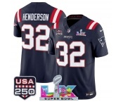 Men's New England Patriots #32 TreVeyon Henderson Navy 2025 F.U.S.E. Super Bowl LX Patch And USA 250' Patch Vapor Limited Football Stitched Jersey