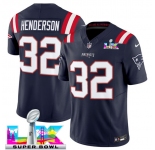 Men's New England Patriots #32 TreVeyon Henderson Navy 2025 F.U.S.E. Super Bowl LX Patch Limited Football Stitched Jersey