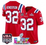 Men's New England Patriots #32 TreVeyon Henderson Red 2025 F.U.S.E. Super Bowl LX Patch And USA 250' Patch Vapor Limited Football Stitched Jersey