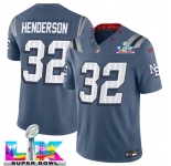 Men's New England Patriots #32 TreVeyon Henderson Storm Blue 2025 F.U.S.E. Super Bowl LX Patch “Rivalries” Vapor Limited Football Stitched Jersey