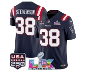 Men's New England Patriots #38 Rhamondre Stevenson Navy 2025 F.U.S.E. Super Bowl LX Patch And USA 250' Patch Vapor Limited Football Stitched Jersey