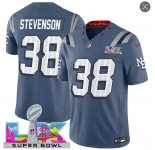 Men's New England Patriots #38 Rhamondre Stevenson Storm Blue 2025 F.U.S.E. Super Bowl LX Patch “Rivalries” Vapor Limited Football Stitched Jersey
