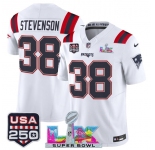 Men's New England Patriots #38 Rhamondre Stevenson White 2025 F.U.S.E. Super Bowl LX Patch And USA 250' Patch Vapor Limited Football Stitched Jersey