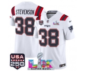Men's New England Patriots #38 Rhamondre Stevenson White 2025 F.U.S.E. Super Bowl LX Patch And USA 250' Patch Vapor Limited Football Stitched Jersey