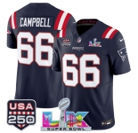 Men's New England Patriots #66 Will Campbell Navy 2025 F.U.S.E. Super Bowl LX Patch And USA 250' Patch Vapor Limited Football Stitched Jersey