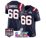 Men's New England Patriots #66 Will Campbell Navy 2025 F.U.S.E. Super Bowl LX Patch And USA 250' Patch Vapor Limited Football Stitched Jersey