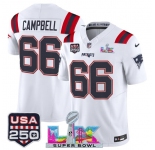 Men's New England Patriots #66 Will Campbell White 2025 F.U.S.E. Super Bowl LX Patch And USA 250' Patch Vapor Limited Football Stitched Jersey