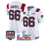 Men's New England Patriots #66 Will Campbell White 2025 F.U.S.E. Super Bowl LX Patch And USA 250' Patch Vapor Limited Football Stitched Jersey