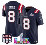 Men's New England Patriots #8 Stefon Diggs Navy 2025 F.U.S.E. Super Bowl LX Patch And USA 250' Patch Vapor Limited Football Stitched Jersey