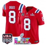 Men's New England Patriots #8 Stefon Diggs Red 2025 F.U.S.E. Super Bowl LX Patch And USA 250' Patch Vapor Limited Football Stitched Jersey