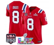 Men's New England Patriots #8 Stefon Diggs Red 2025 F.U.S.E. Super Bowl LX Patch And USA 250' Patch Vapor Limited Football Stitched Jersey