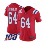 Women's New England Patriots #64 Hjalte Froholdt Red Alternate Vapor Untouchable Limited Player 100th Season Football Jersey
