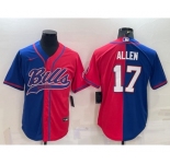 Men's Buffalo Bills #17 Josh Allen Royal Red Split With Patch Cool Base Stitched Baseball Jersey