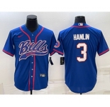 Men's Buffalo Bills #3 Damar Hamlin Blue With Patch Cool Base Stitched Baseball Jersey