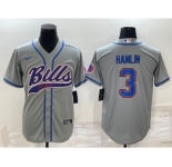 Men's Buffalo Bills #3 Damar Hamlin Grey With Patch Cool Base Stitched Baseball Jersey