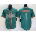 Men's Miami Dolphins #1 Tua Tagovailoa Aqua Cool Base Stitched Baseball Jersey