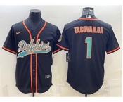 Men's Miami Dolphins #1 Tua Tagovailoa Black With Patch Cool Base Stitched Baseball Jersey