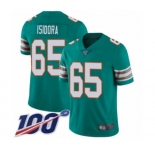 Men's Miami Dolphins #65 Danny Isidora Aqua Green Alternate Vapor Untouchable Limited Player 100th Season Football Jersey