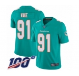 Men's Miami Dolphins #91 Cameron Wake Aqua Green Team Color Vapor Untouchable Limited Player 100th Season Football Jersey