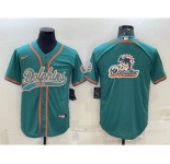 Men's Miami Dolphins Aqua Team Big Logo With Patch Cool Base Stitched Baseball Jersey