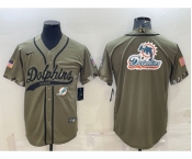 Men's Miami Dolphins Olive Salute to Service Team Big Logo Cool Base Stitched Baseball Jersey