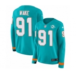 Women Nike Miami Dolphins #91 Cameron Wake Limited Aqua Therma Long Sleeve NFL Jersey