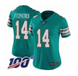 Women's Miami Dolphins #14 Ryan Fitzpatrick Aqua Green Alternate Vapor Untouchable Limited Player 100th Season Football Jersey
