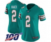 Women's Miami Dolphins #2 Matt Haack Aqua Green Alternate Vapor Untouchable Limited Player 100th Season Football Jersey