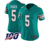 Women's Miami Dolphins #5 Jake Rudock Aqua Green Alternate Vapor Untouchable Limited Player 100th Season Football Jersey