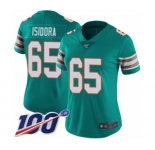 Women's Miami Dolphins #65 Danny Isidora Aqua Green Alternate Vapor Untouchable Limited Player 100th Season Football Jersey